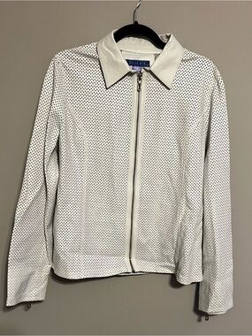 BLU ICE Ivory White Perforated Leather Zip-Up Shirt Jacket | Women’s L